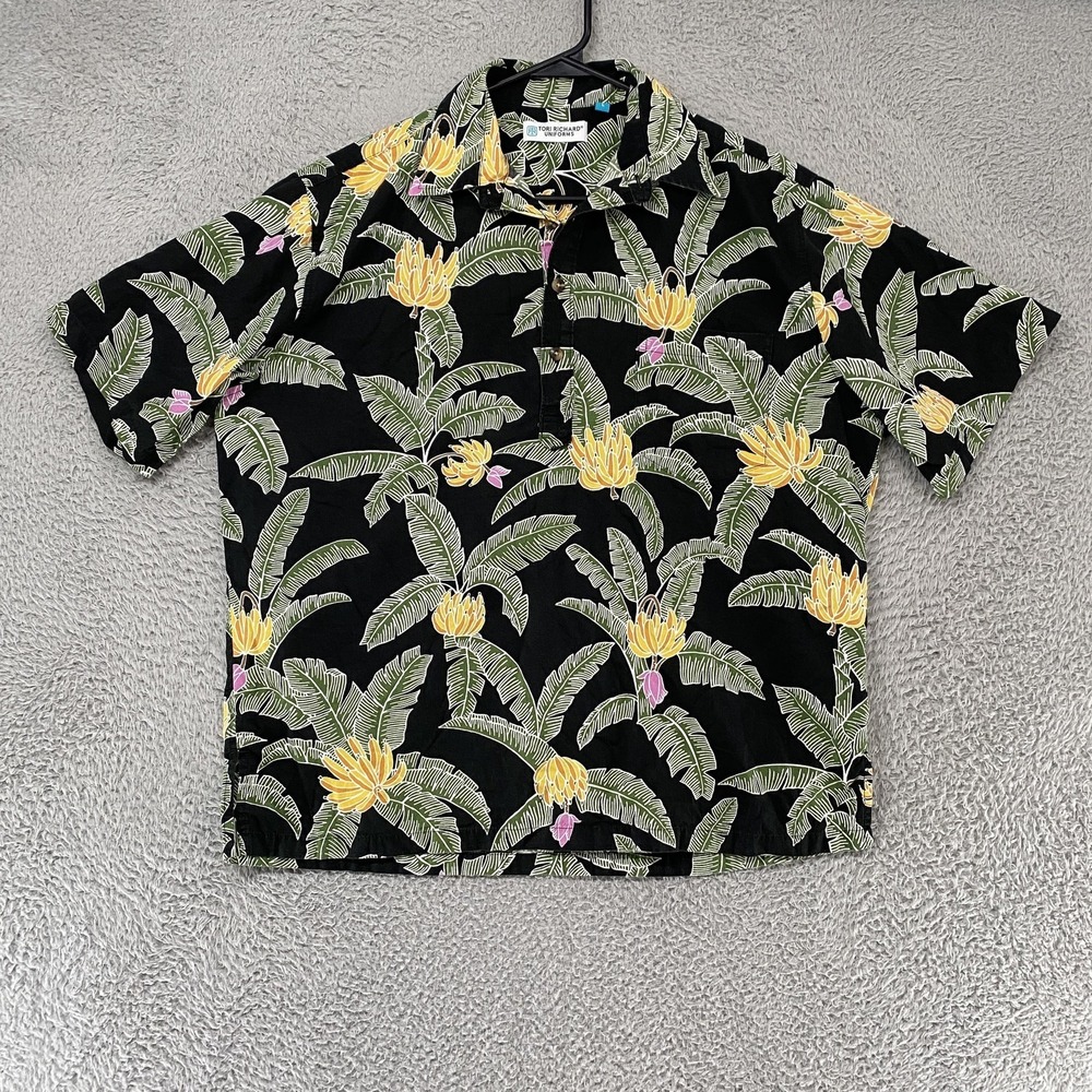 Tori‎ Richard Shirt Mens Large Black Banana Leaf Hawaiian Pullover Polo Tropical